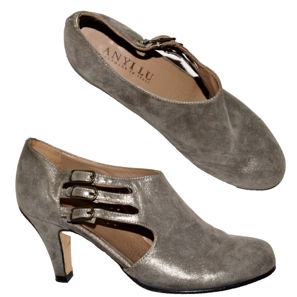 ANYI LU SZ 7.5 M 38.5 SHIMMERY METALLIC PEWTER SUEDE HEELS PUMPS HAND MADE ITALY